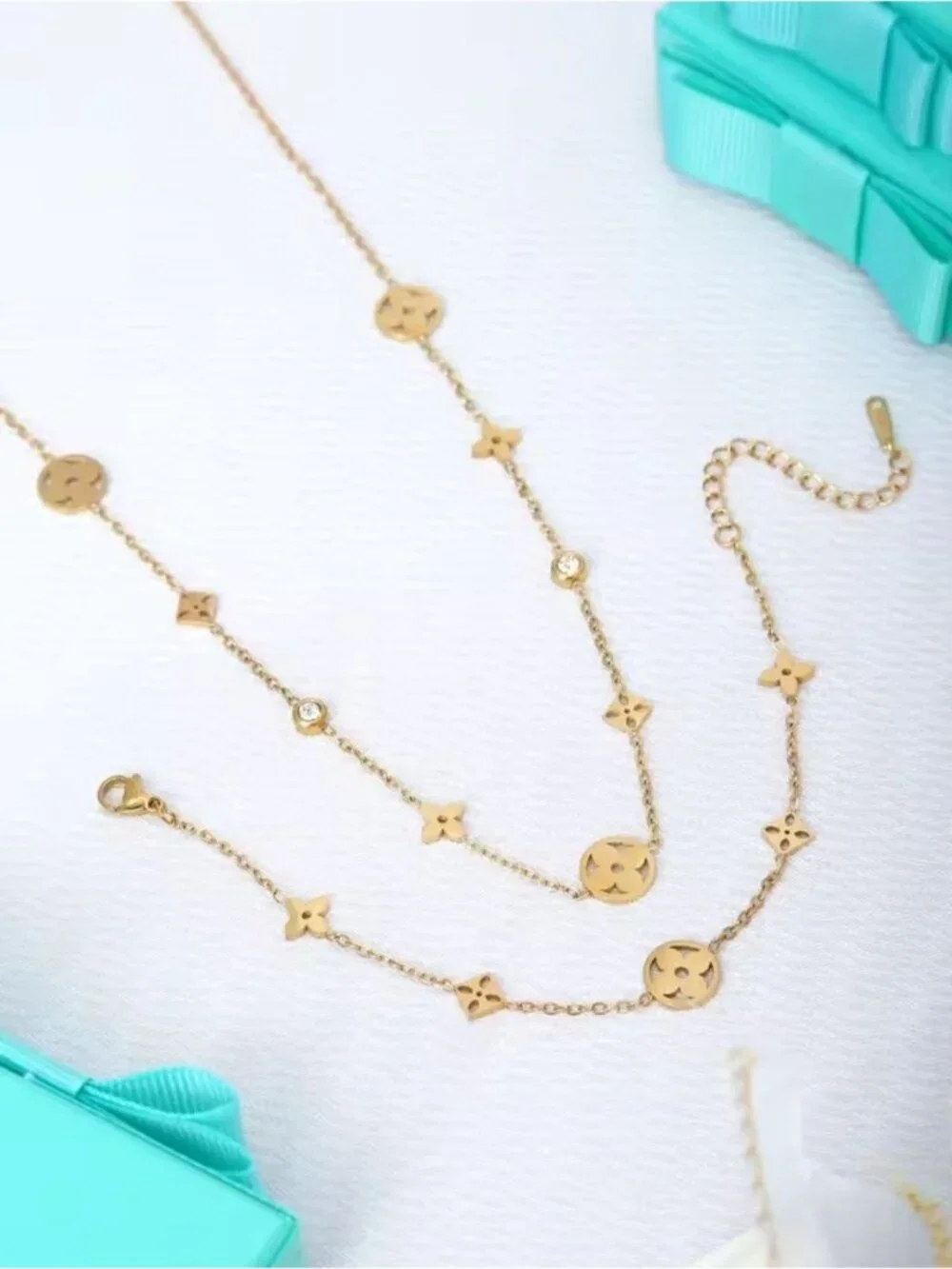 Gold Tone Floral Motif Station Necklace